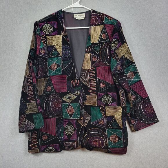 Vtg Tres Paquette Velvet Colorful Textured Geometric Print LS Blazer Women's Lrg - Picture 1 of 13